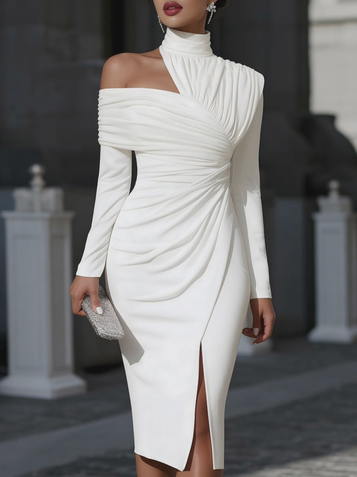 Georgie Girl White One-Shoulder Draped High-Neck Midi Dress
