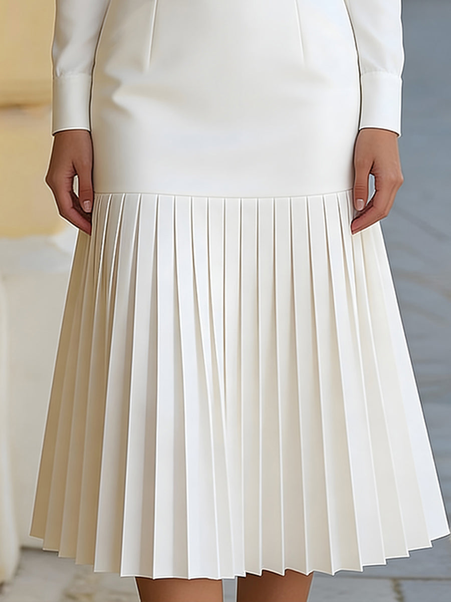 Georgie Girl White Turtleneck Belted Pleated Midi Dress
