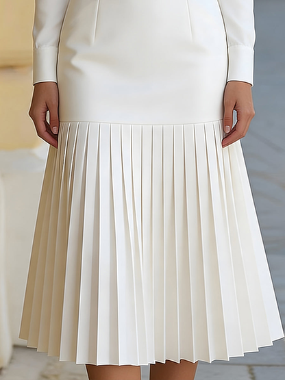 Georgie Girl White Turtleneck Belted Pleated Midi Dress
