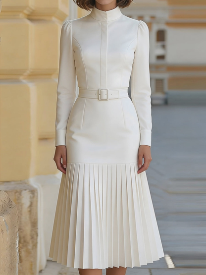 Georgie Girl White Turtleneck Belted Pleated Midi Dress