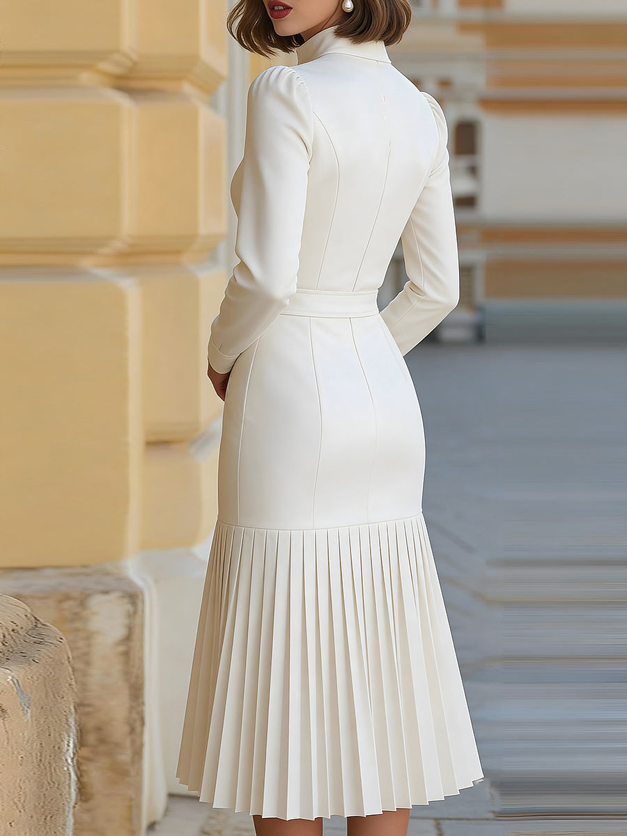 Georgie Girl White Turtleneck Belted Pleated Midi Dress