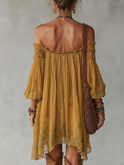 Georgie Girl Yellow Chiffon Off-Shoulder Mini Dress