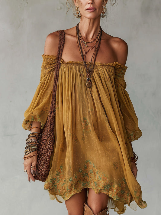 Georgie Girl Yellow Chiffon Off-Shoulder Mini Dress