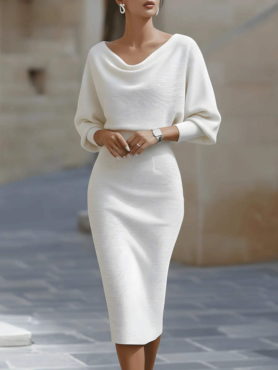 Georgie Girl White Cowl Neck Batwing Sleeve Midi Dress