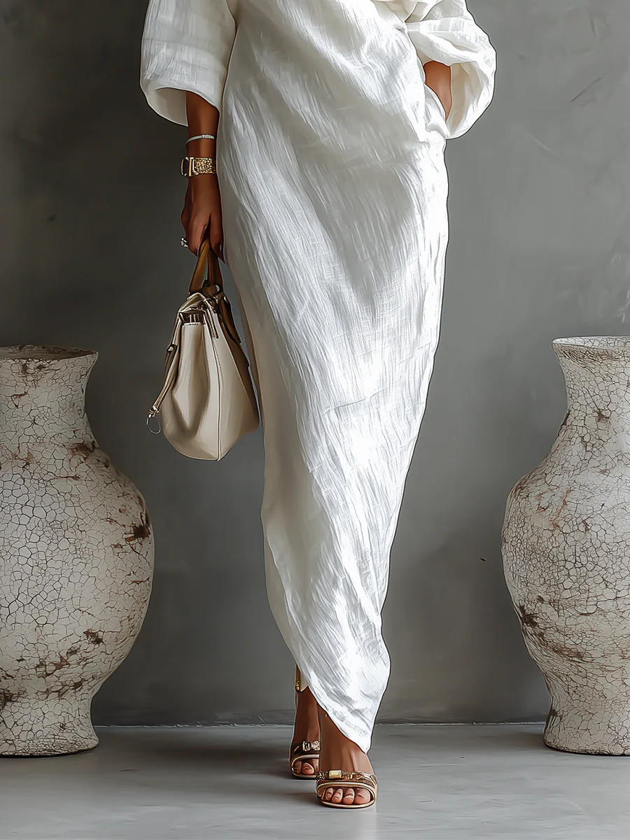 Georgie Girl White One-Shoulder Batwing Sleeve Maxi Dress