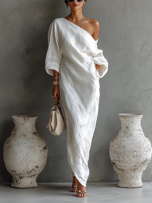 Georgie Girl White One-Shoulder Batwing Sleeve Maxi Dress