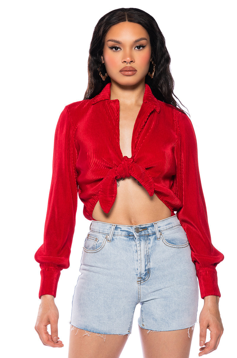 Georgie Girl Red Ribbed Collared Long Sleeve Tie Front Bodysuit