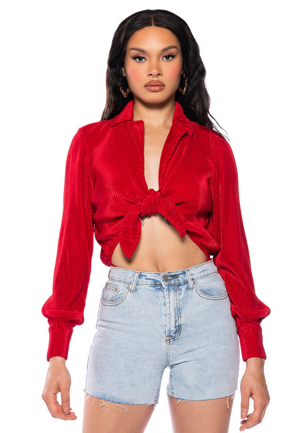 Georgie Girl Red Ribbed Collared Long Sleeve Tie Front Bodysuit