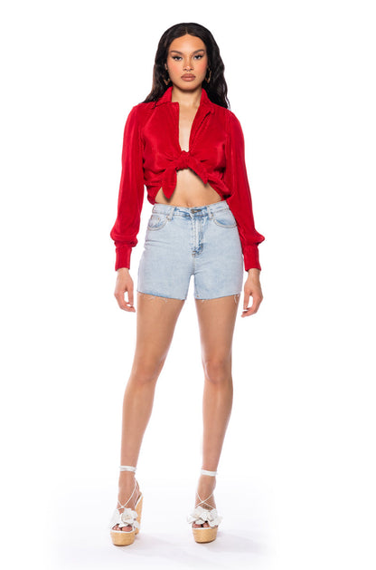 Georgie Girl Red Ribbed Collared Long Sleeve Tie Front Bodysuit