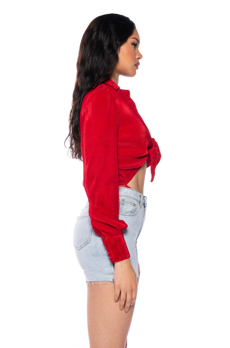 Georgie Girl Red Ribbed Collared Long Sleeve Tie Front Bodysuit