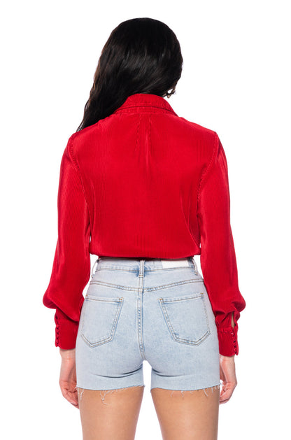 Georgie Girl Red Ribbed Collared Long Sleeve Tie Front Bodysuit