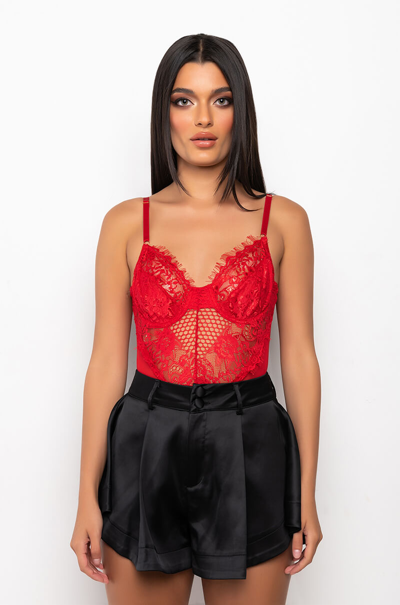 Georgie Girl Red Lace V Neck Spaghetti Strap Mesh Bodysuit