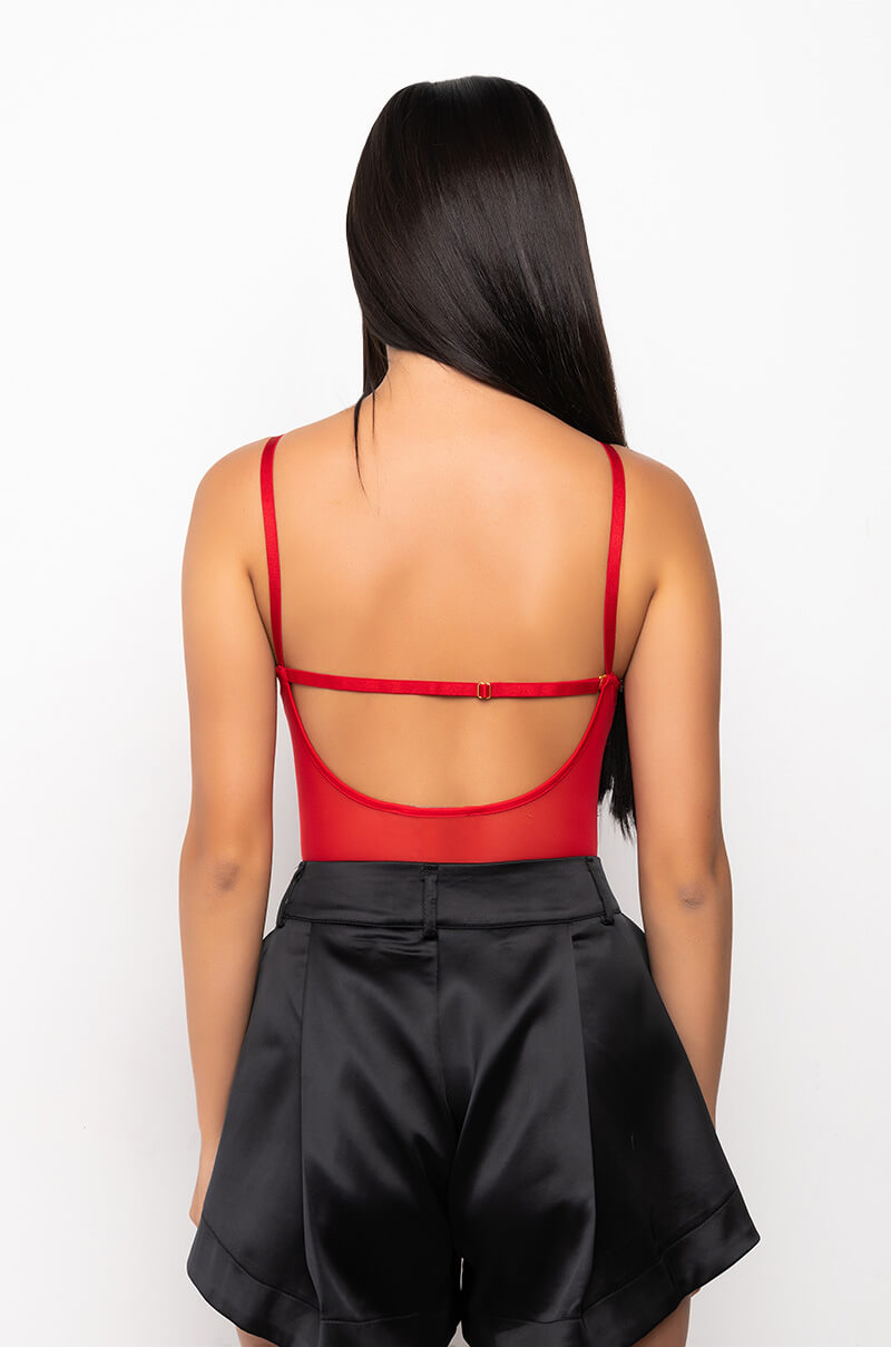 Georgie Girl Red Lace V Neck Spaghetti Strap Mesh Bodysuit