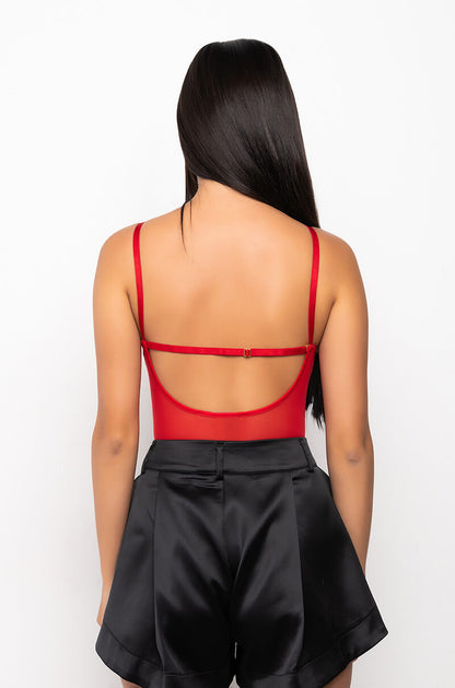Georgie Girl Red Lace V Neck Spaghetti Strap Mesh Bodysuit