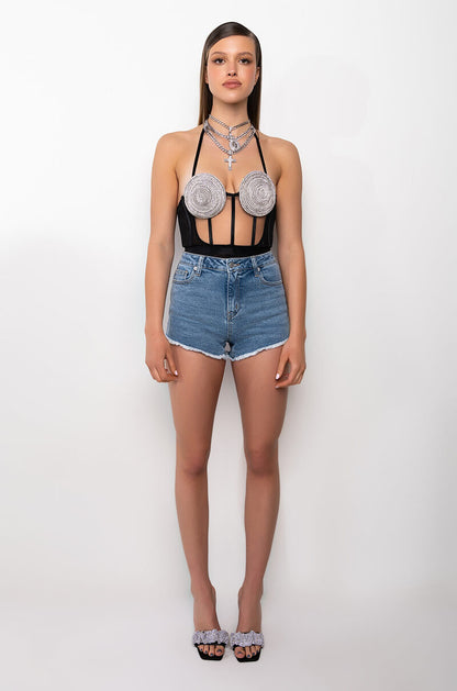 Georgie Girl Black Mesh Rhinestone Disc Harness Strap Bodysuit