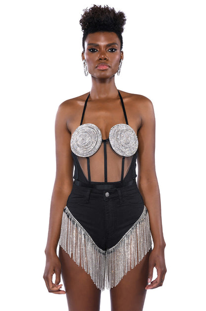 Georgie Girl Black Mesh Rhinestone Disc Harness Strap Bodysuit