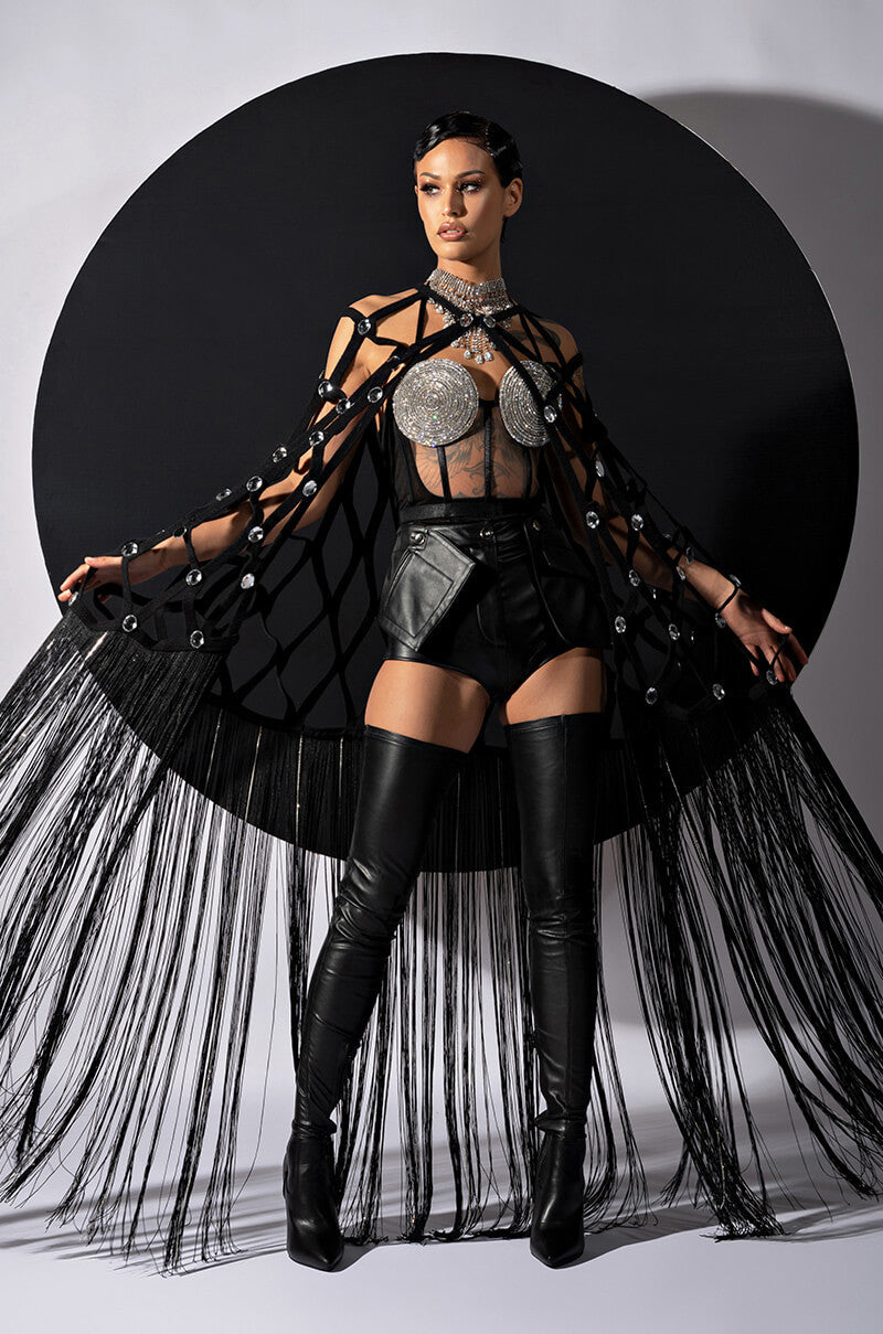 Georgie Girl Black Mesh Rhinestone Disc Harness Strap Bodysuit