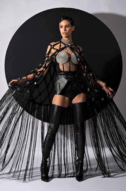 Georgie Girl Black Mesh Rhinestone Disc Harness Strap Bodysuit