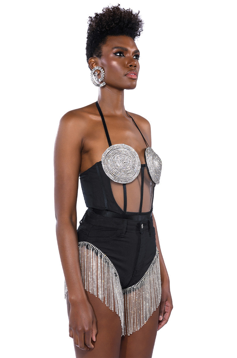 Georgie Girl Black Mesh Rhinestone Disc Harness Strap Bodysuit
