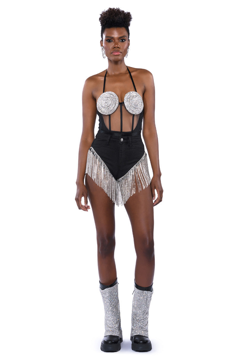 Georgie Girl Black Mesh Rhinestone Disc Harness Strap Bodysuit