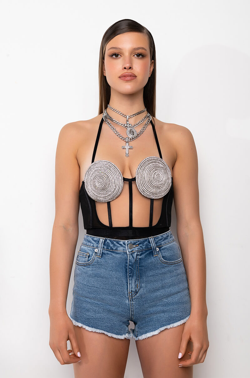 Georgie Girl Black Mesh Rhinestone Disc Harness Strap Bodysuit