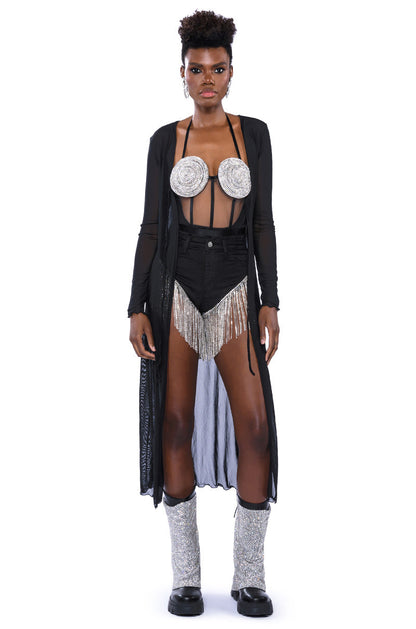 Georgie Girl Black Mesh Rhinestone Disc Harness Strap Bodysuit