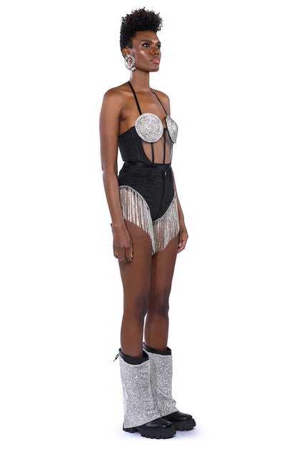 Georgie Girl Black Mesh Rhinestone Disc Harness Strap Bodysuit