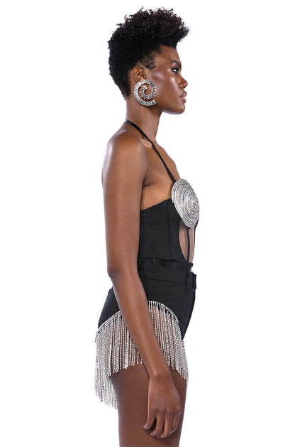 Georgie Girl Black Mesh Rhinestone Disc Harness Strap Bodysuit
