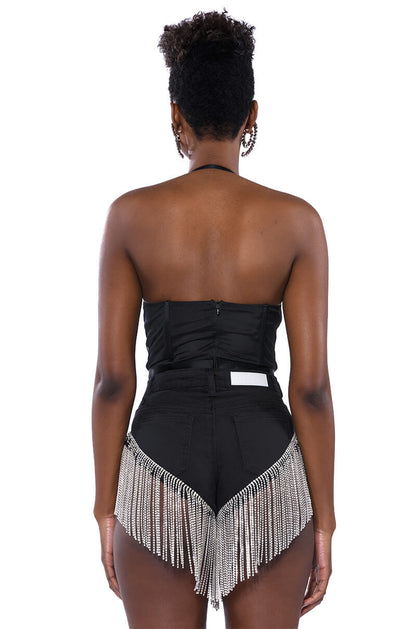 Georgie Girl Black Mesh Rhinestone Disc Harness Strap Bodysuit