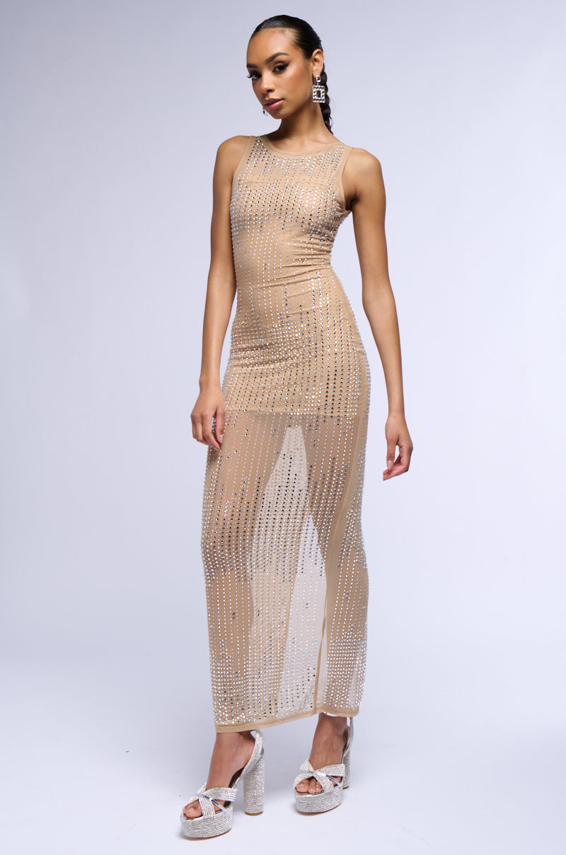 Georgie Girl Nude Rhinestone Mesh Sleeveless Sheer Maxi Dress