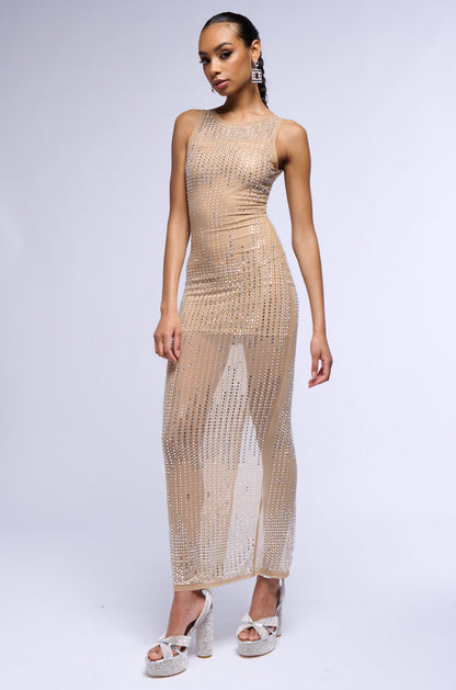 Georgie Girl Nude Rhinestone Mesh Sleeveless Sheer Maxi Dress