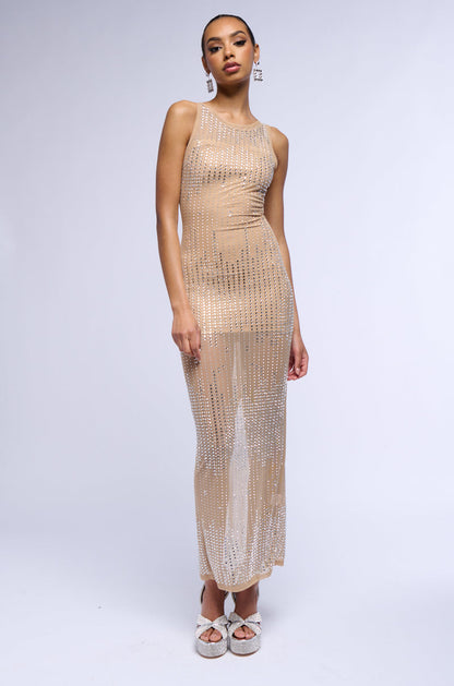 Georgie Girl Nude Rhinestone Mesh Sleeveless Sheer Maxi Dress