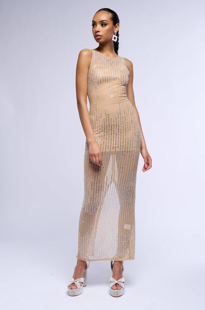 Georgie Girl Nude Rhinestone Mesh Sleeveless Sheer Maxi Dress