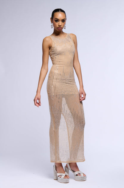 Georgie Girl Nude Rhinestone Mesh Sleeveless Sheer Maxi Dress