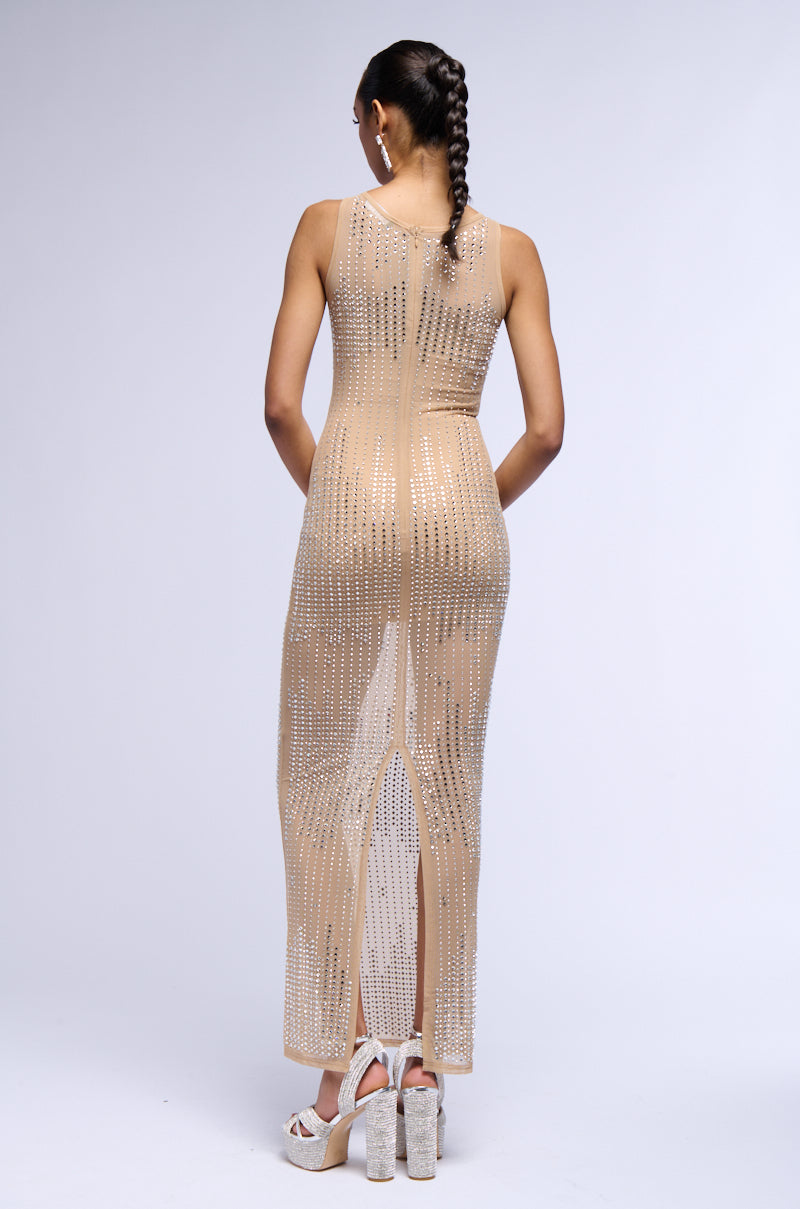 Georgie Girl Nude Rhinestone Mesh Sleeveless Sheer Maxi Dress