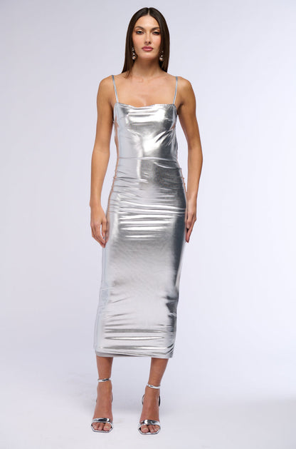 Georgie Girl Silver Metallic Cowl Neck Backless Fitted Maxi Dress