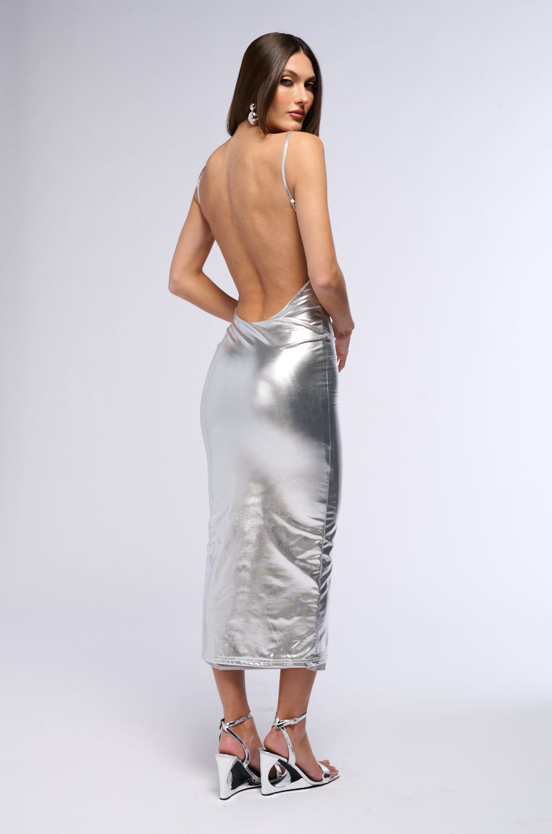 Georgie Girl Silver Metallic Cowl Neck Backless Fitted Maxi Dress