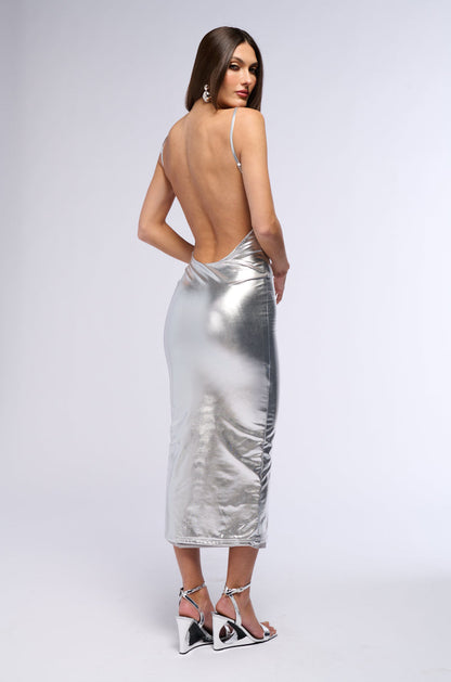 Georgie Girl Silver Metallic Cowl Neck Backless Fitted Maxi Dress