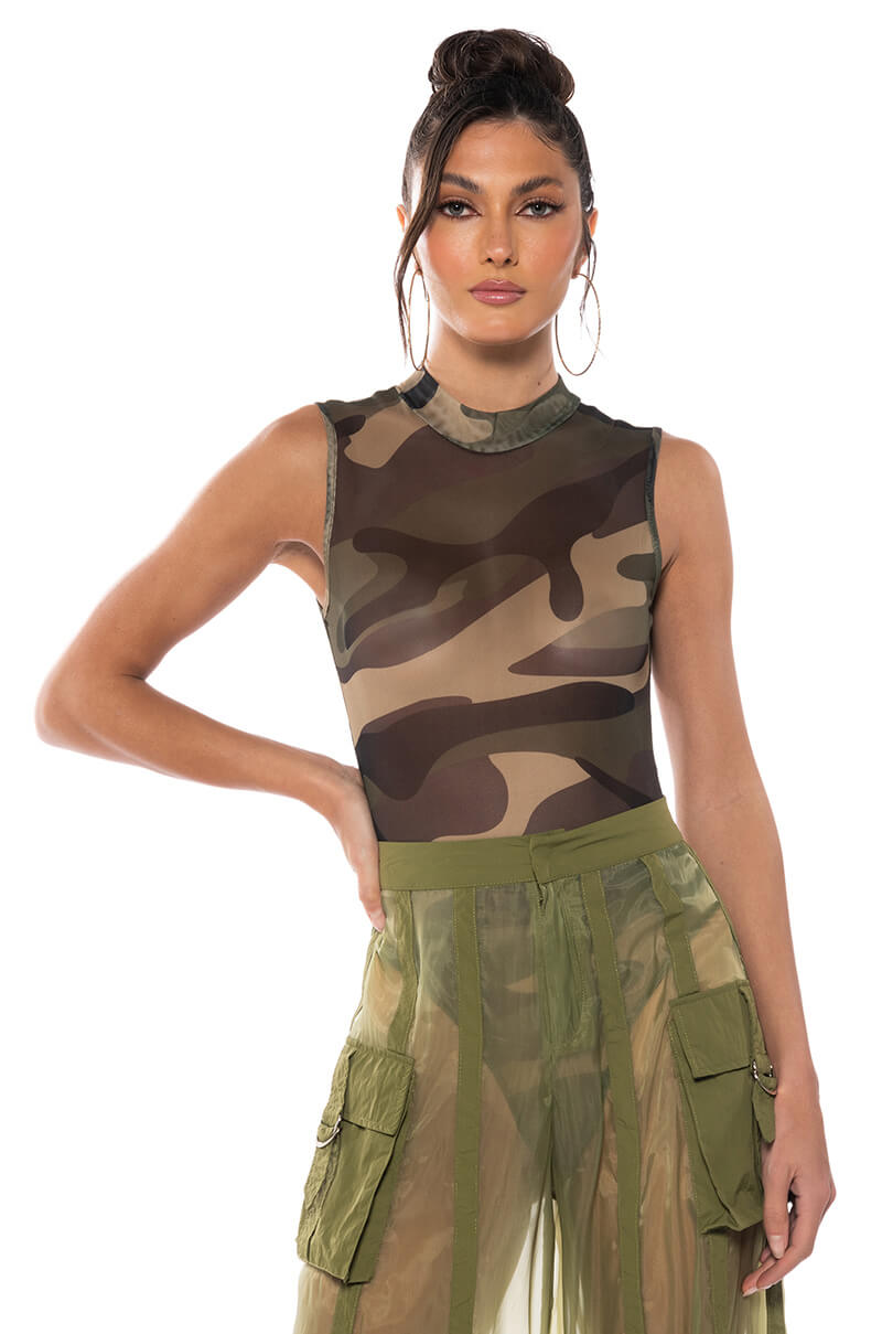 Georgie Girl Camo Print Mesh Mock Neck Sleeveless Bodysuit