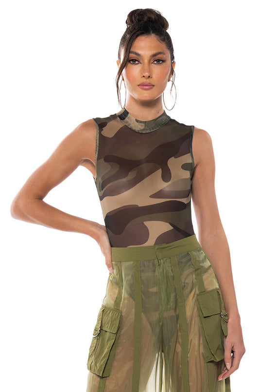 Georgie Girl Camo Print Mesh Mock Neck Sleeveless Bodysuit