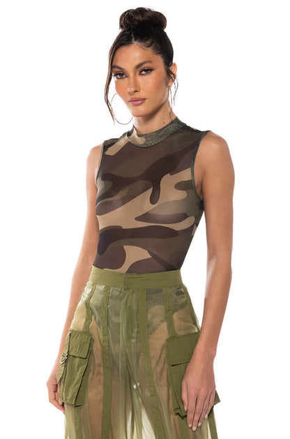 Georgie Girl Camo Print Mesh Mock Neck Sleeveless Bodysuit