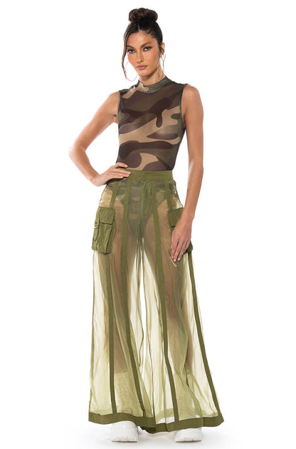 Georgie Girl Camo Print Mesh Mock Neck Sleeveless Bodysuit