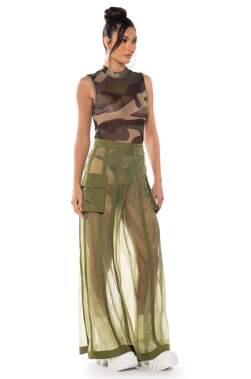 Georgie Girl Camo Print Mesh Mock Neck Sleeveless Bodysuit