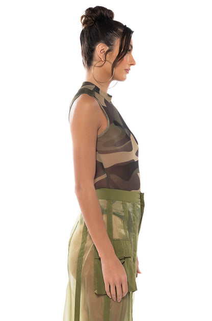 Georgie Girl Camo Print Mesh Mock Neck Sleeveless Bodysuit