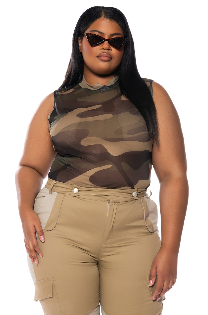 Georgie Girl Camo Print Mesh Mock Neck Sleeveless Bodysuit