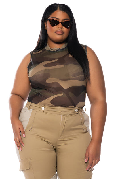 Georgie Girl Camo Print Mesh Mock Neck Sleeveless Bodysuit