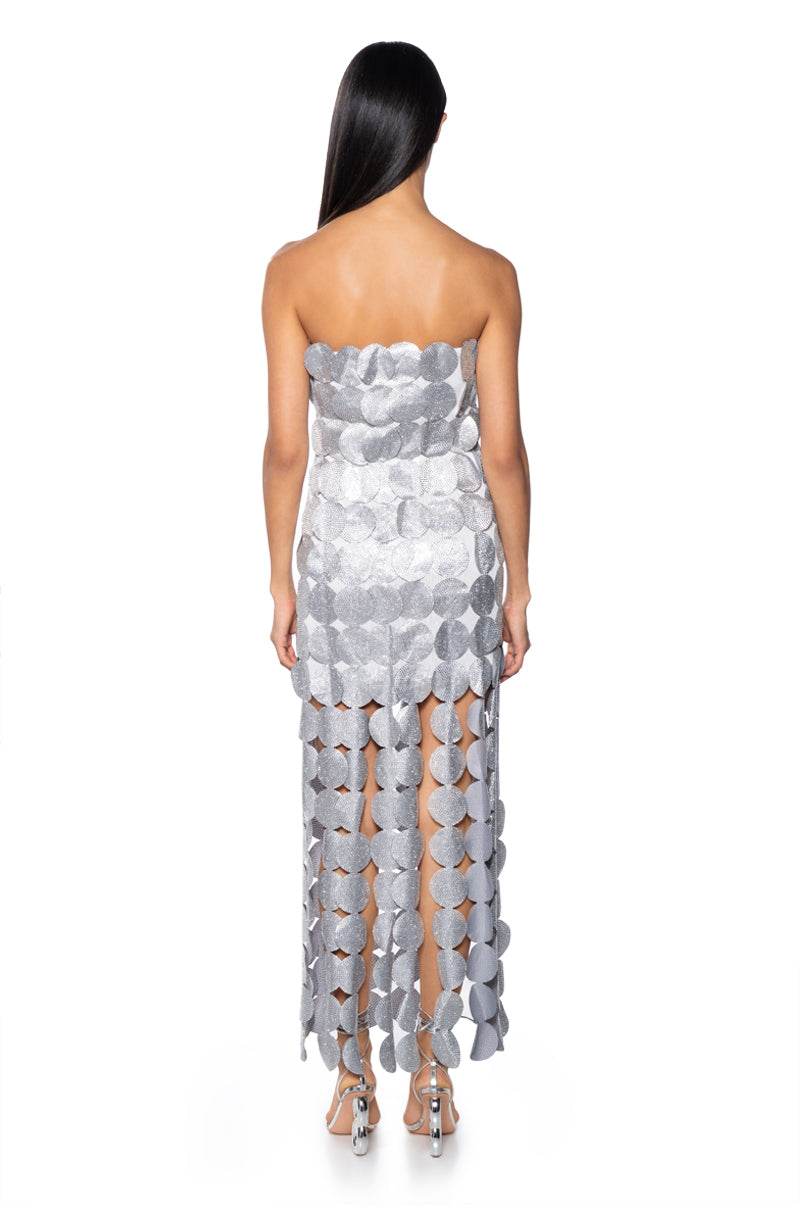 Georgie Girl Silver Strapless Disc Sequin Embellished Maxi Dress
