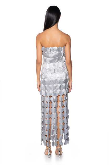 Georgie Girl Silver Strapless Disc Sequin Embellished Maxi Dress