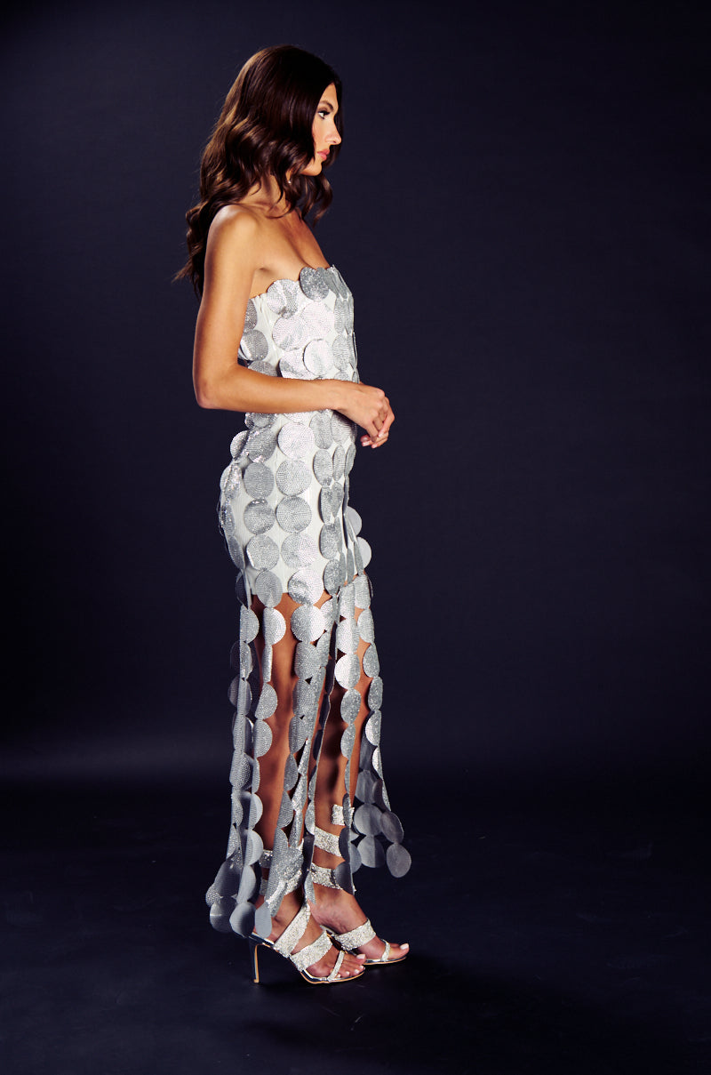 Georgie Girl Silver Strapless Disc Sequin Embellished Maxi Dress
