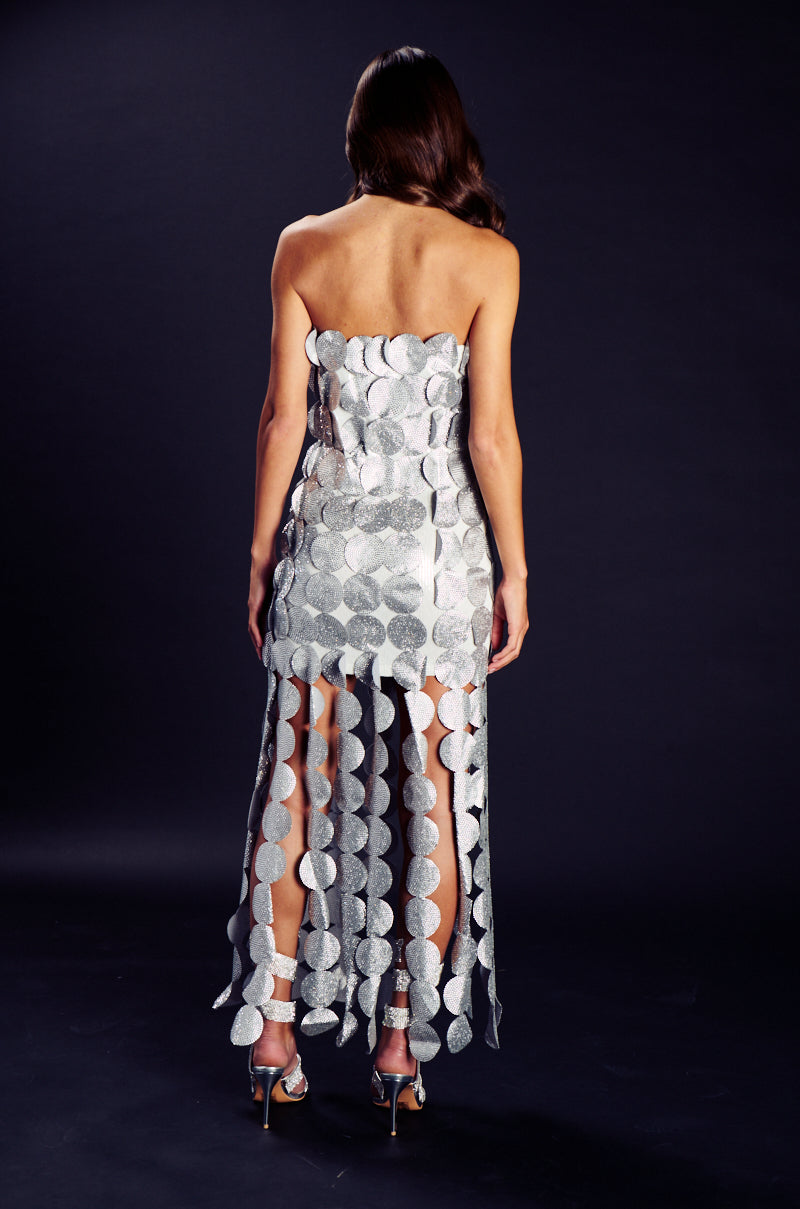 Georgie Girl Silver Strapless Disc Sequin Embellished Maxi Dress